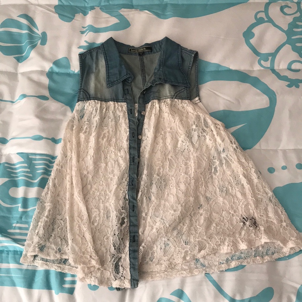 Lace/denim cover button down top